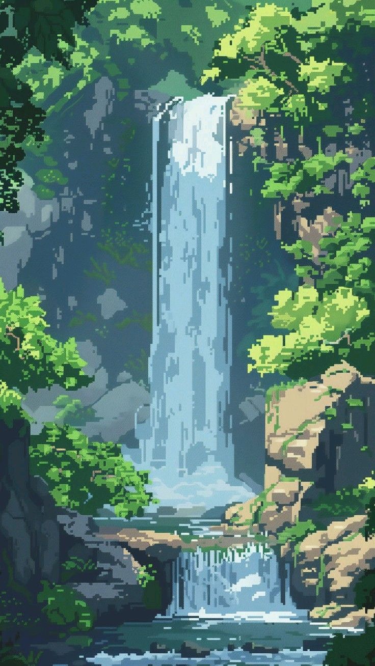 pixel image of mountains with waterfall