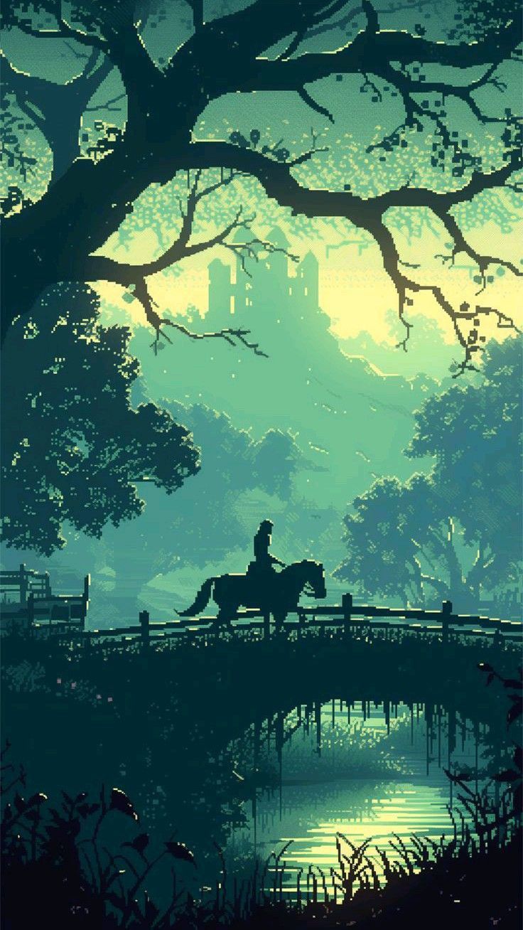 traveler riding a horse and crossing a bridge with castle in the background